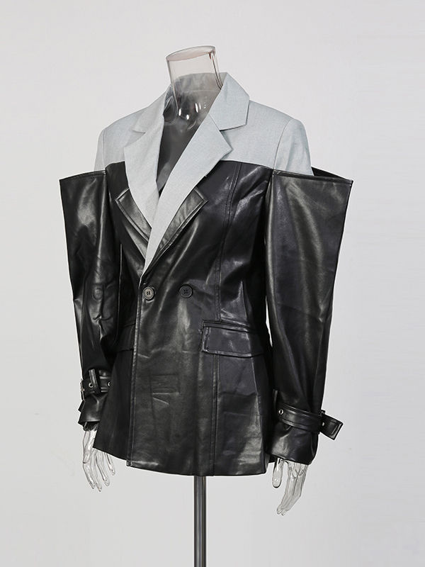 TWOTWINSTYLE Hit Color Patchwork Pu Leather Designer Coat