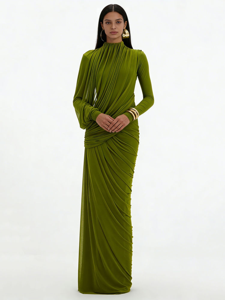 TWOTWINSTYLE Solid Stand Collar Slimming Pleated Dress