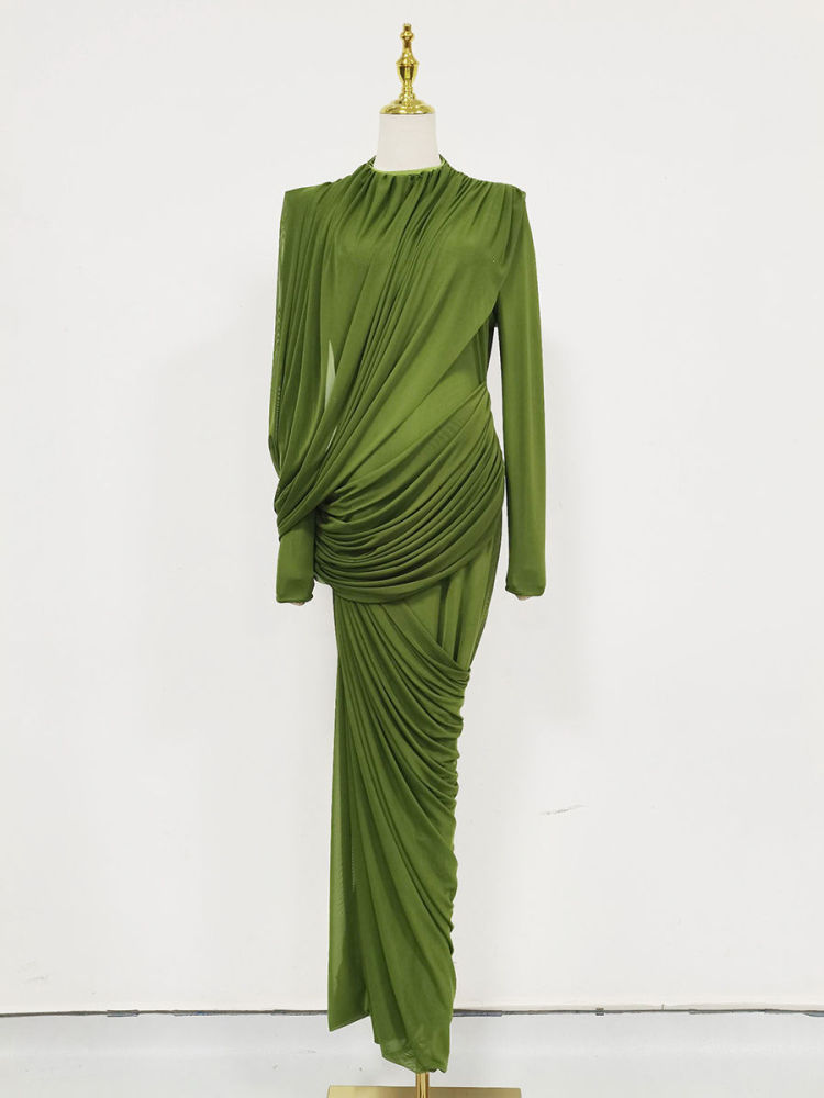 TWOTWINSTYLE Solid Stand Collar Slimming Pleated Dress