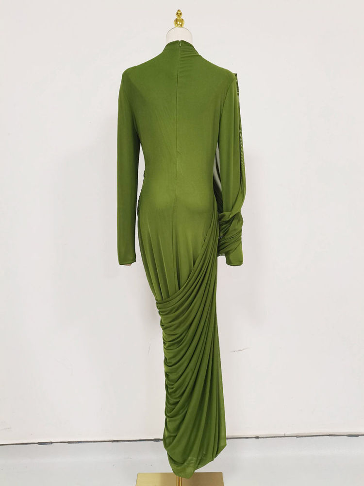 TWOTWINSTYLE Solid Stand Collar Slimming Pleated Dress