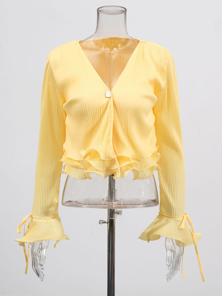 TWOTWINSTYLE Solid V Neck Patchwork Ruffles Designer Dress