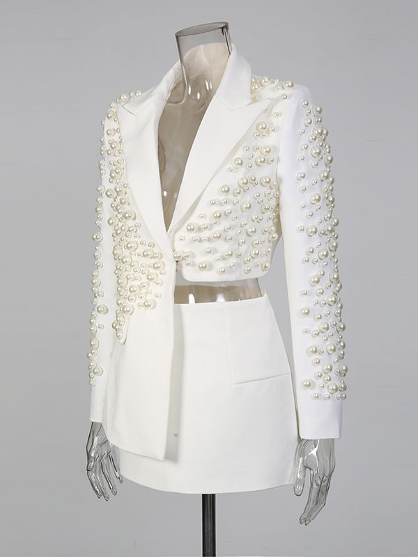 TWOTWINSTYLE Lapel Patchwork Pearl Top Solid Skirt Temperament Two Piece Set