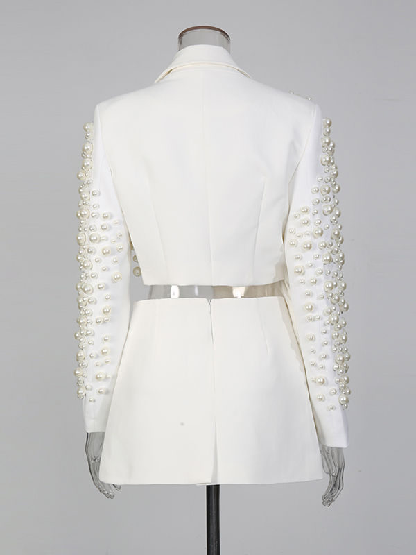 TWOTWINSTYLE Lapel Patchwork Pearl Top Solid Skirt Temperament Two Piece Set