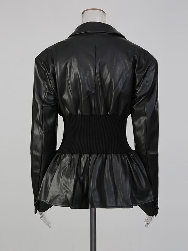 TWOTWINSTYLE Cool Fashion PU Leather V-neck Patchwork Knitted Fabric Jacket