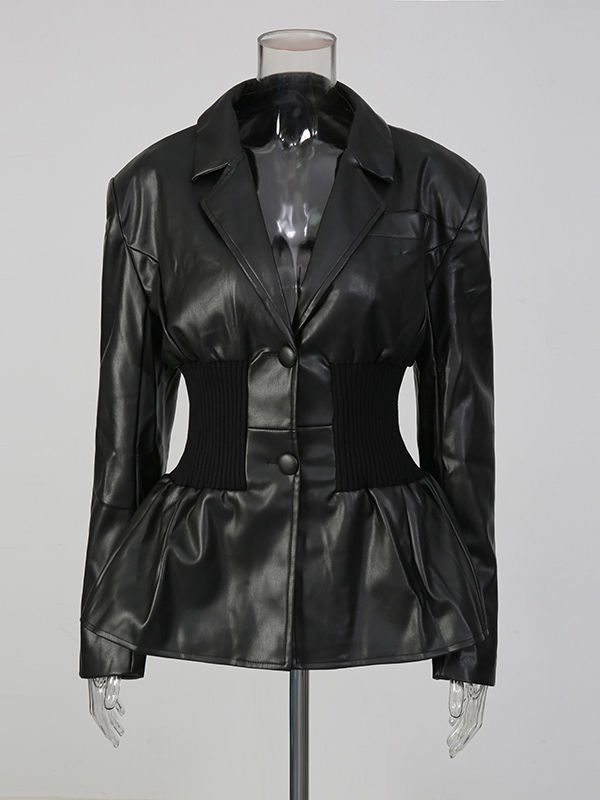 TWOTWINSTYLE Cool Fashion PU Leather V-neck Patchwork Knitted Fabric Jacket