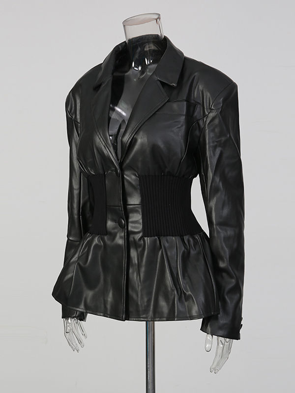 TWOTWINSTYLE Cool Fashion PU Leather V-neck Patchwork Knitted Fabric Jacket