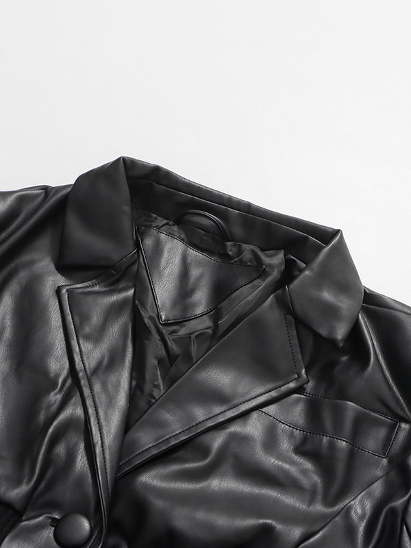TWOTWINSTYLE Cool Fashion PU Leather V-neck Patchwork Knitted Fabric Jacket
