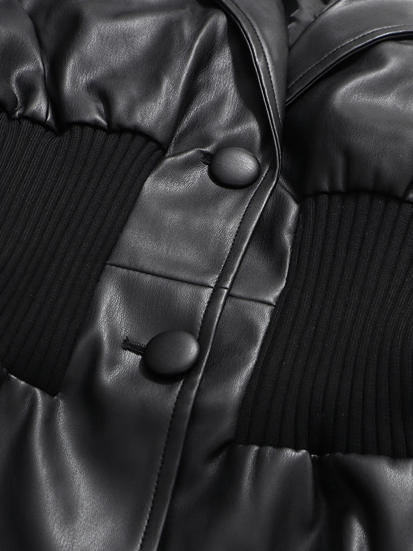 TWOTWINSTYLE Cool Fashion PU Leather V-neck Patchwork Knitted Fabric Jacket