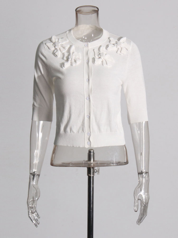 TWOTWINSTYLE Round Neck Spliced 3D Flower Minimalist Sweater