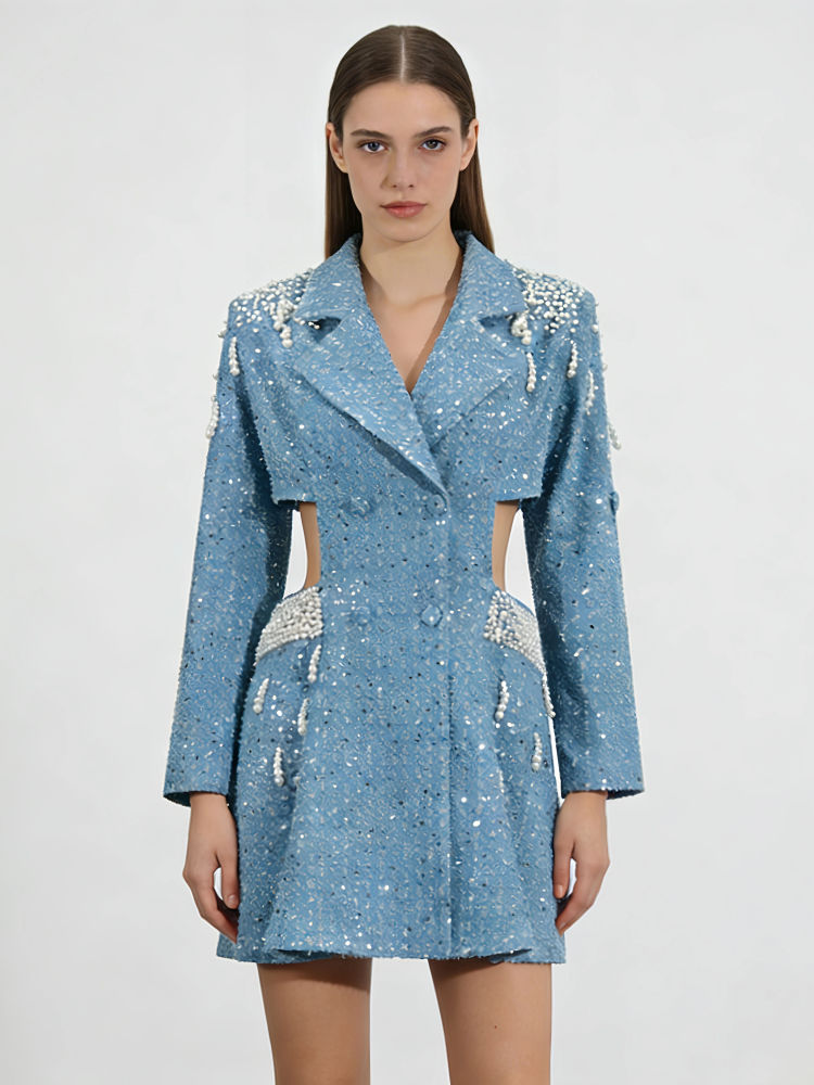 TWOTWINSTYLE Lapel Hollow Out Patchwork Pearl Chic Dress
