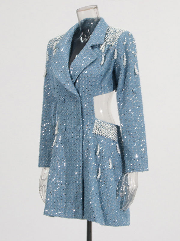 TWOTWINSTYLE Lapel Hollow Out Patchwork Pearl Chic Dress