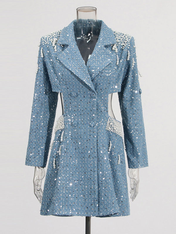 TWOTWINSTYLE Lapel Hollow Out Patchwork Pearl Chic Dress