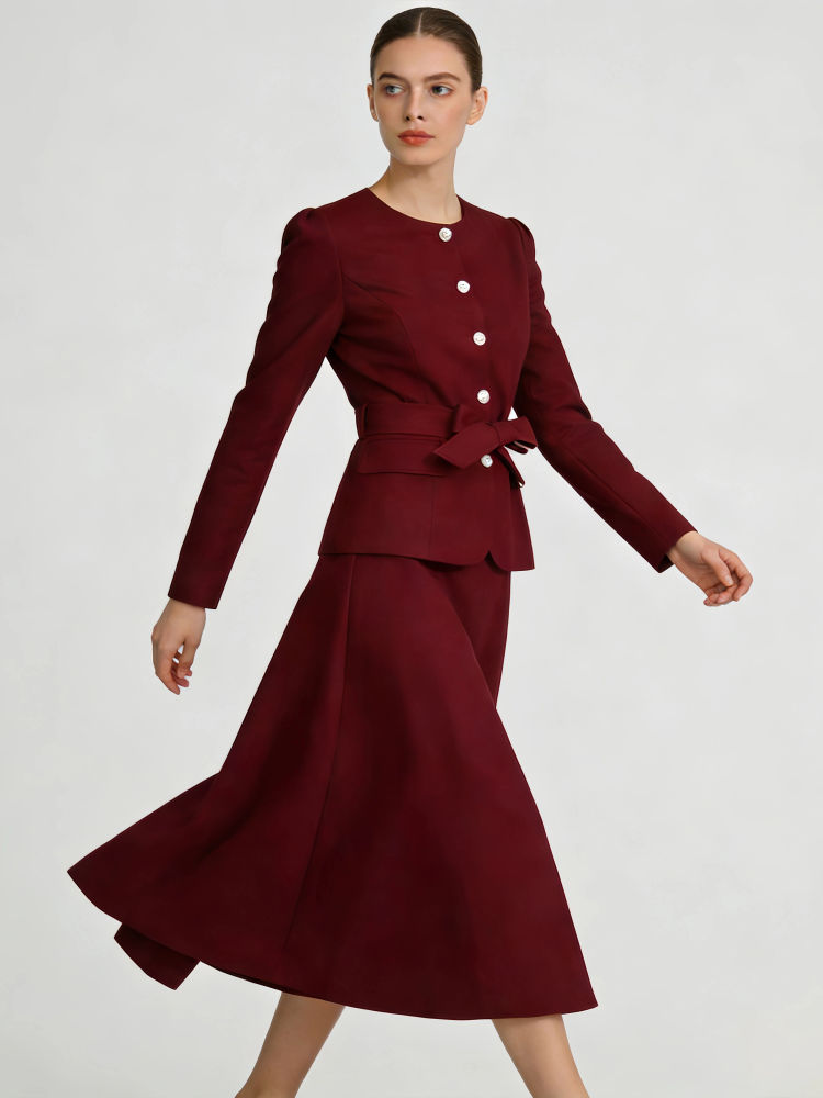 TWOTWINSTYLE Round Neck Patchwork Button Top High Waist Skirt Fashion Two Piece Set