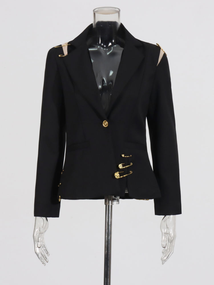 TWOTWINSTYLE Solid Lapel Spliced Safety Pin Designer Coat