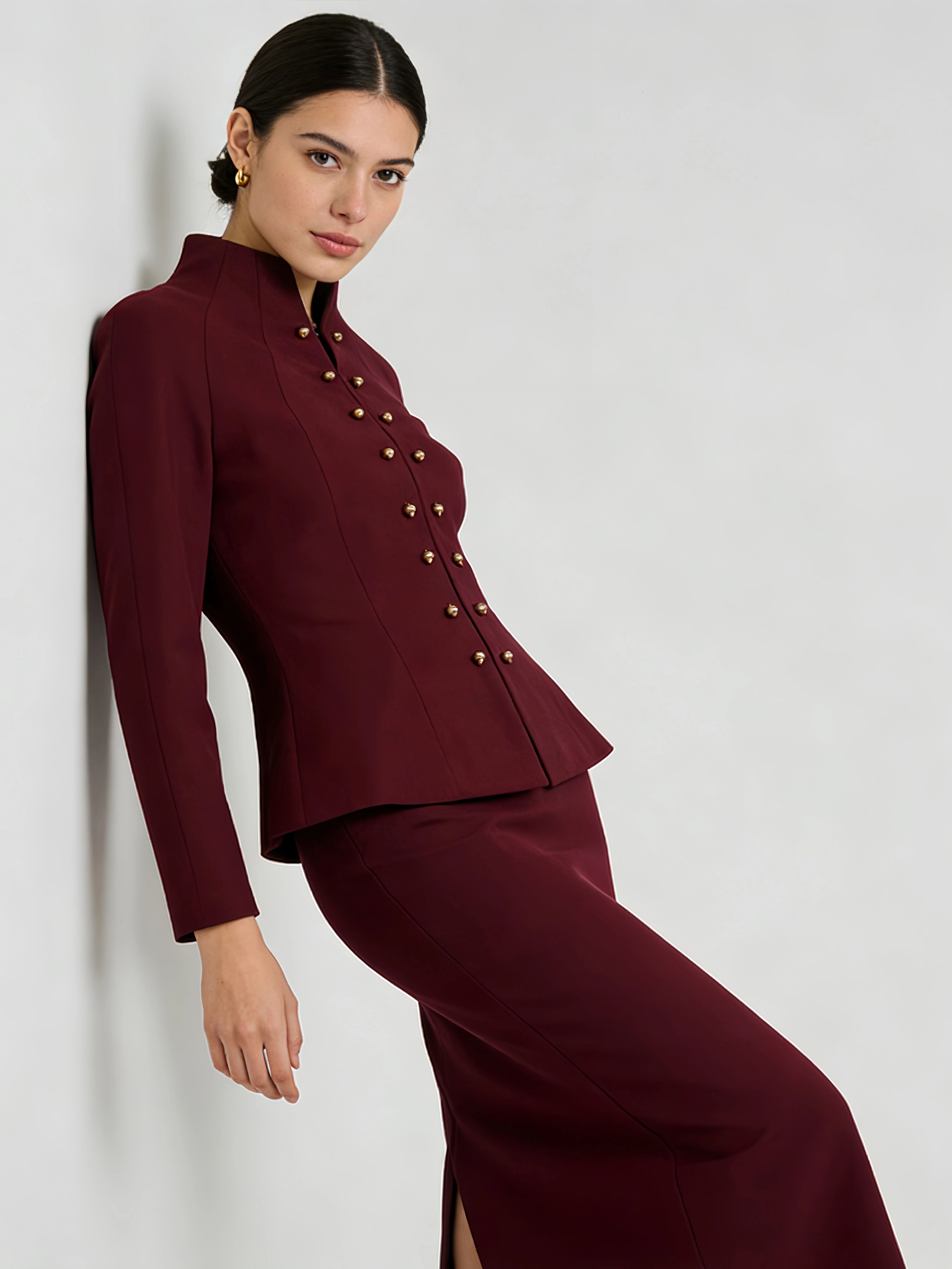 Teotwin Style TWOTWINSTYLE Stand Collar Tunic Top Loose Skirt Elegant Two Piece Set