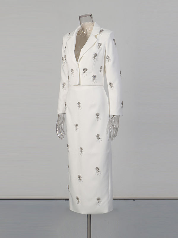TWOTWINSTYLE Lapel Patchwork Diamond Blazers Solid Skirt Elegant Two Piece Set