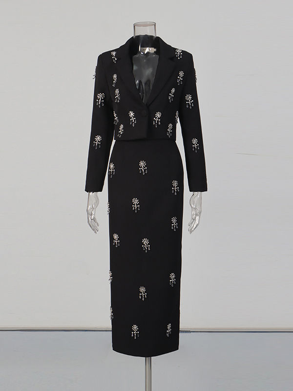 TWOTWINSTYLE Lapel Patchwork Diamond Blazers Solid Skirt Elegant Two Piece Set