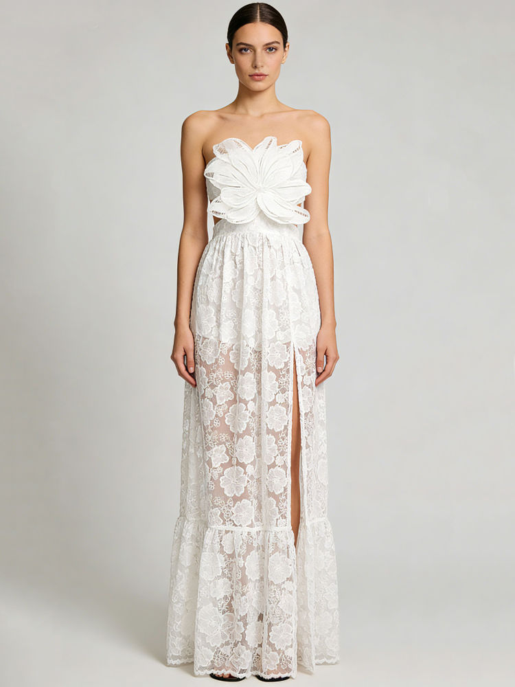 TWOTWINSTYLE Patchwork 3D Flower Side Split Elegant Dress