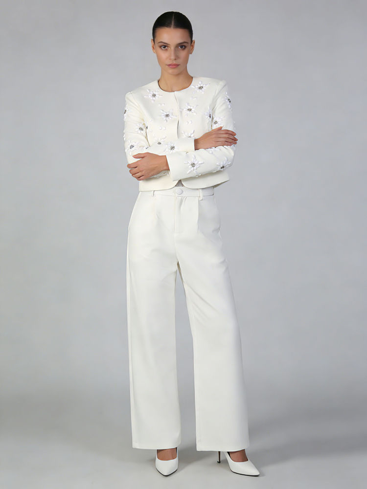 TWOTWINSTYLE Round Neck Spliced Diamond Blazers Loose Pants Temperament Two Piece Set