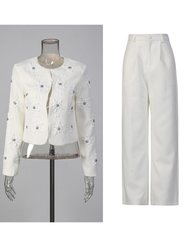 TWOTWINSTYLE Round Neck Spliced Diamond Blazers Loose Pants Temperament Two Piece Set