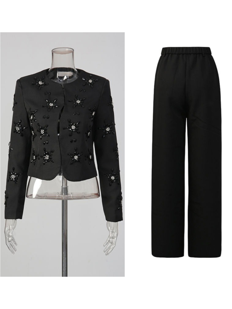 TWOTWINSTYLE Round Neck Spliced Diamond Blazers Loose Pants Temperament Two Piece Set