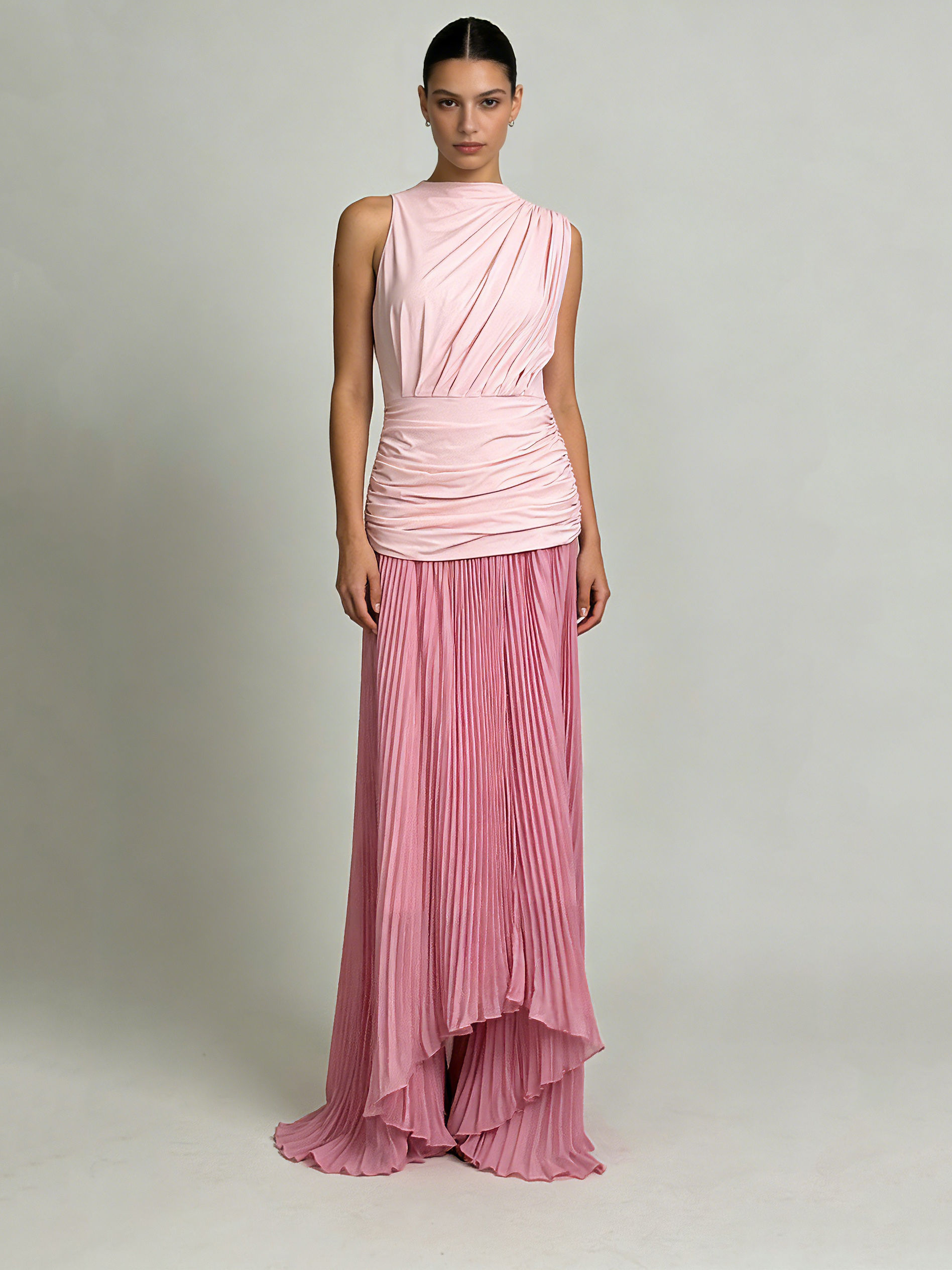Teotwin Style TWOTWINSTYLE Hit Color Sleeveless Tunic Pleated Maxi Dress