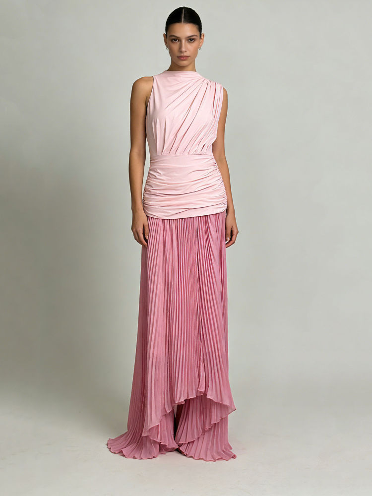 TWOTWINSTYLE Hit Color Sleeveless Tunic Pleated Maxi Dress