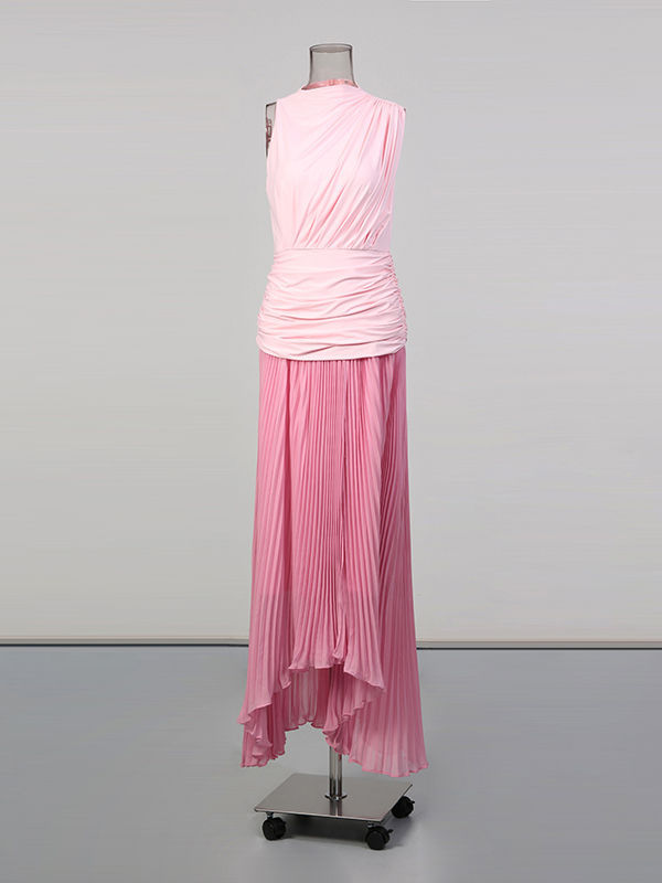 TWOTWINSTYLE Hit Color Sleeveless Tunic Pleated Maxi Dress