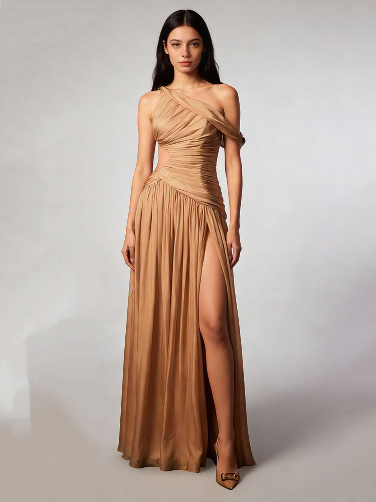TWOTWINSTYLE Off One Shoulder Hollow Out Side Split Vintage Dress