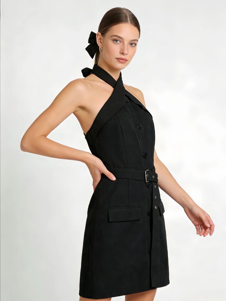 TWOTWINSTYLE Backless Spliced Belt Designer Mini Dress