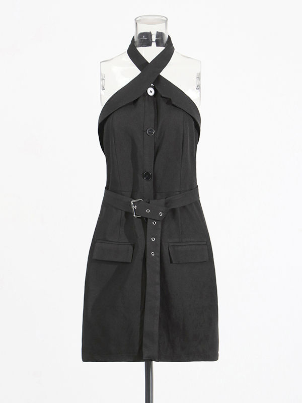 TWOTWINSTYLE Backless Spliced Belt Designer Mini Dress