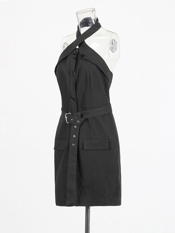 TWOTWINSTYLE Backless Spliced Belt Designer Mini Dress