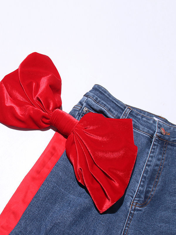 TWOTWINSTYLE Hit Color Loose Patchwork Bowknot Casual Denim Pants