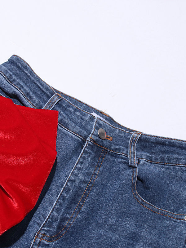 TWOTWINSTYLE Hit Color Loose Patchwork Bowknot Casual Denim Pants