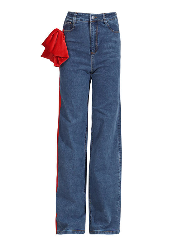 TWOTWINSTYLE Hit Color Loose Patchwork Bowknot Casual Denim Pants