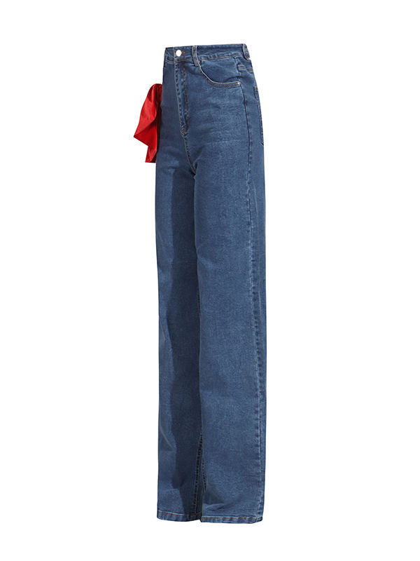 TWOTWINSTYLE Hit Color Loose Patchwork Bowknot Casual Denim Pants