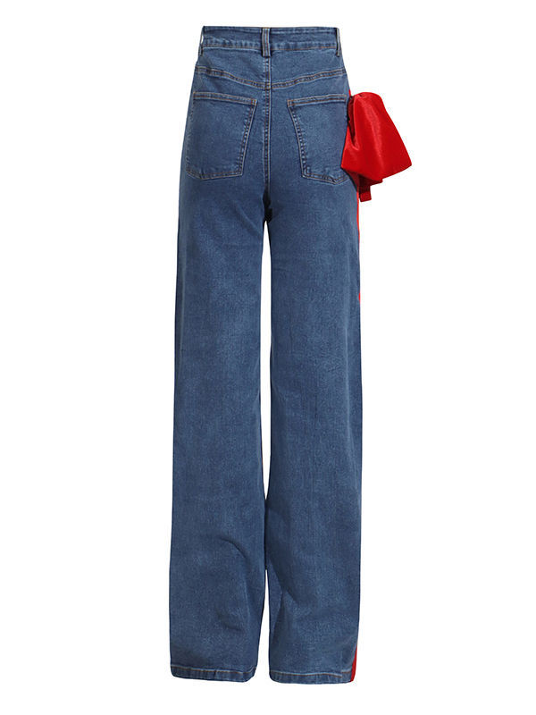 TWOTWINSTYLE Hit Color Loose Patchwork Bowknot Casual Denim Pants