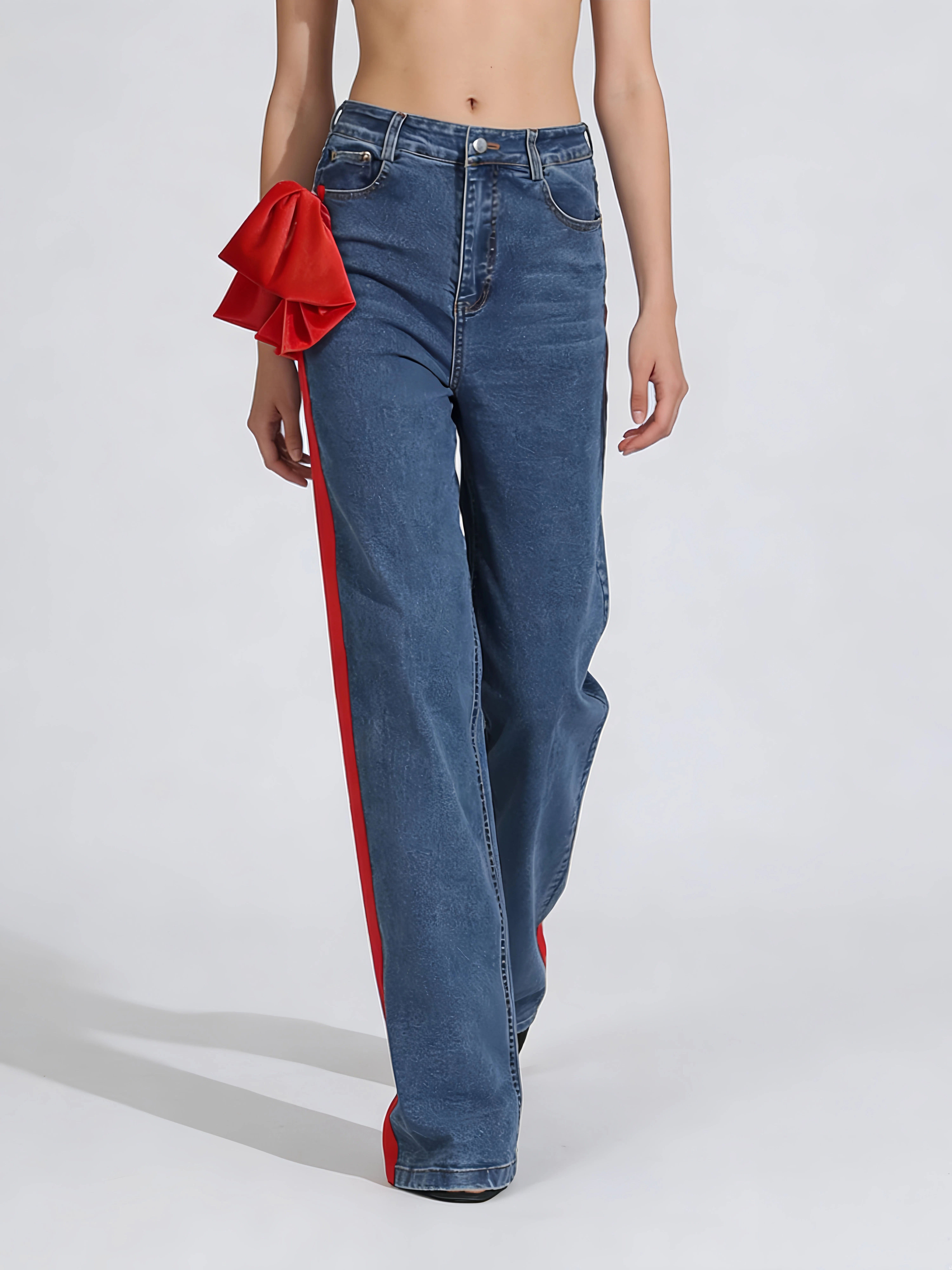 TWOTWINSTYLE Hit Color Loose Patchwork Bowknot Casual Denim Pants