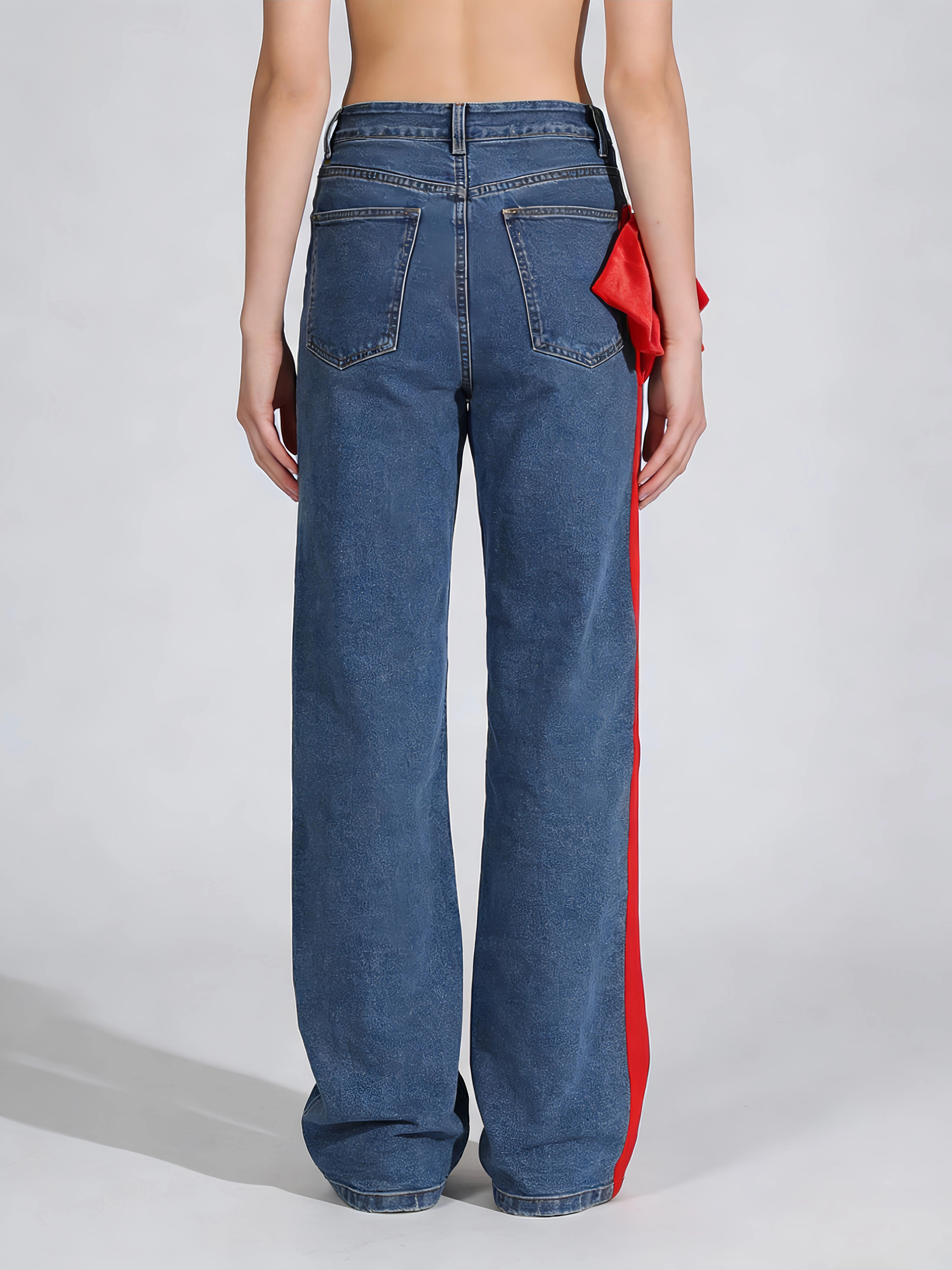 TWOTWINSTYLE Hit Color Loose Patchwork Bowknot Casual Denim Pants