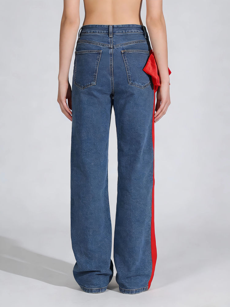TWOTWINSTYLE Hit Color Loose Patchwork Bowknot Casual Denim Pants