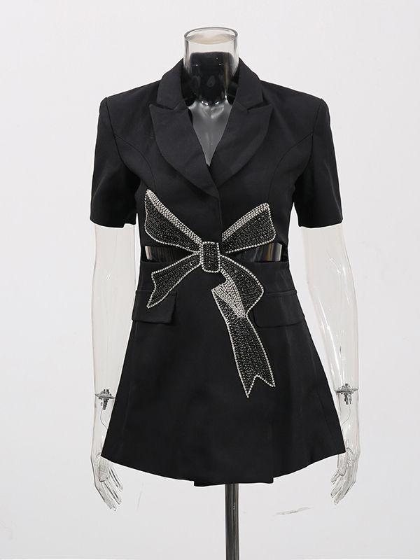 TWOTWINSTYLE Lapel Hollow Out Patchwork Diamond Bowknot Dress