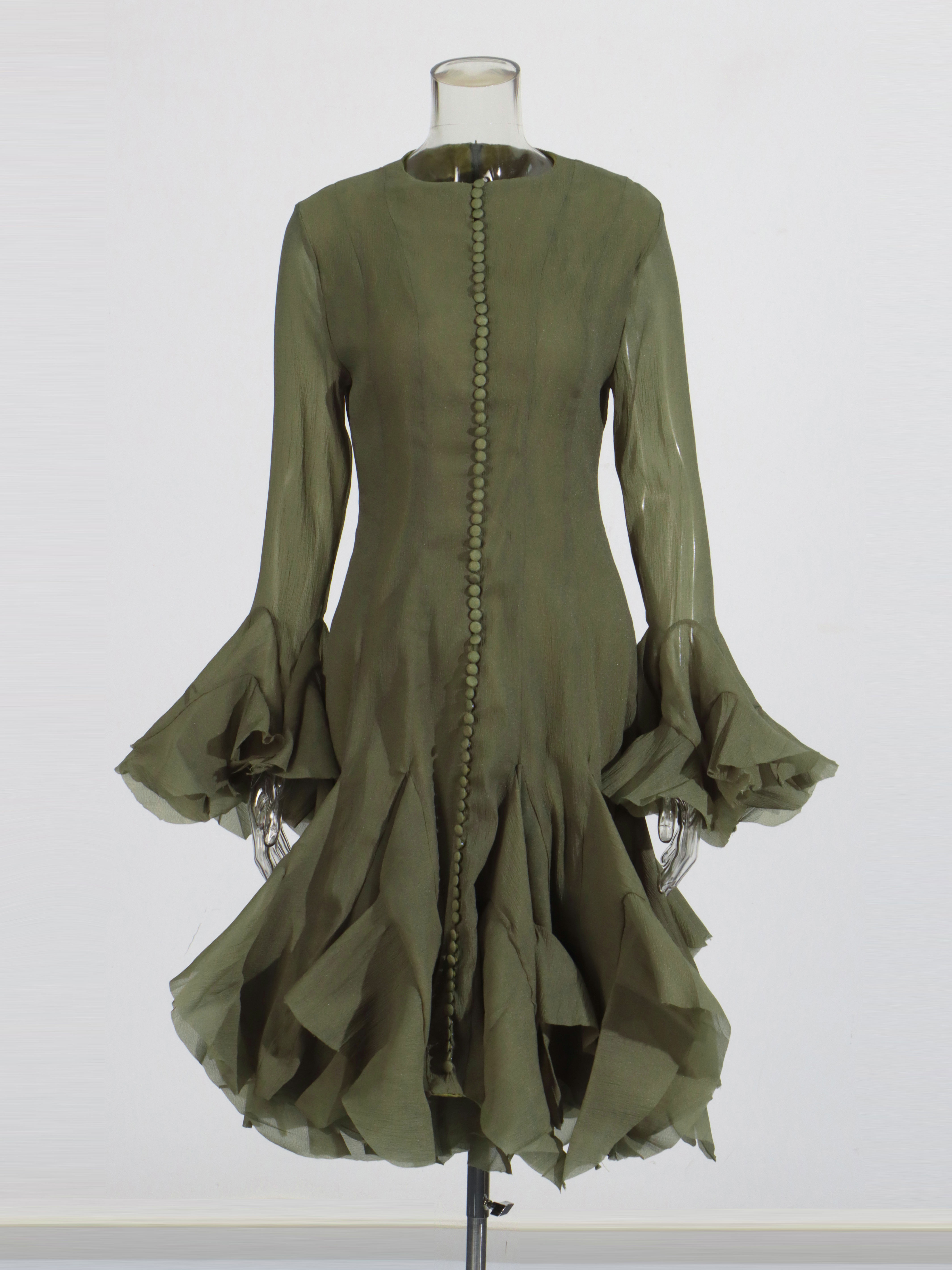TWOTWINSTYLE Round Neck Bell Sleeve High Waist Dress