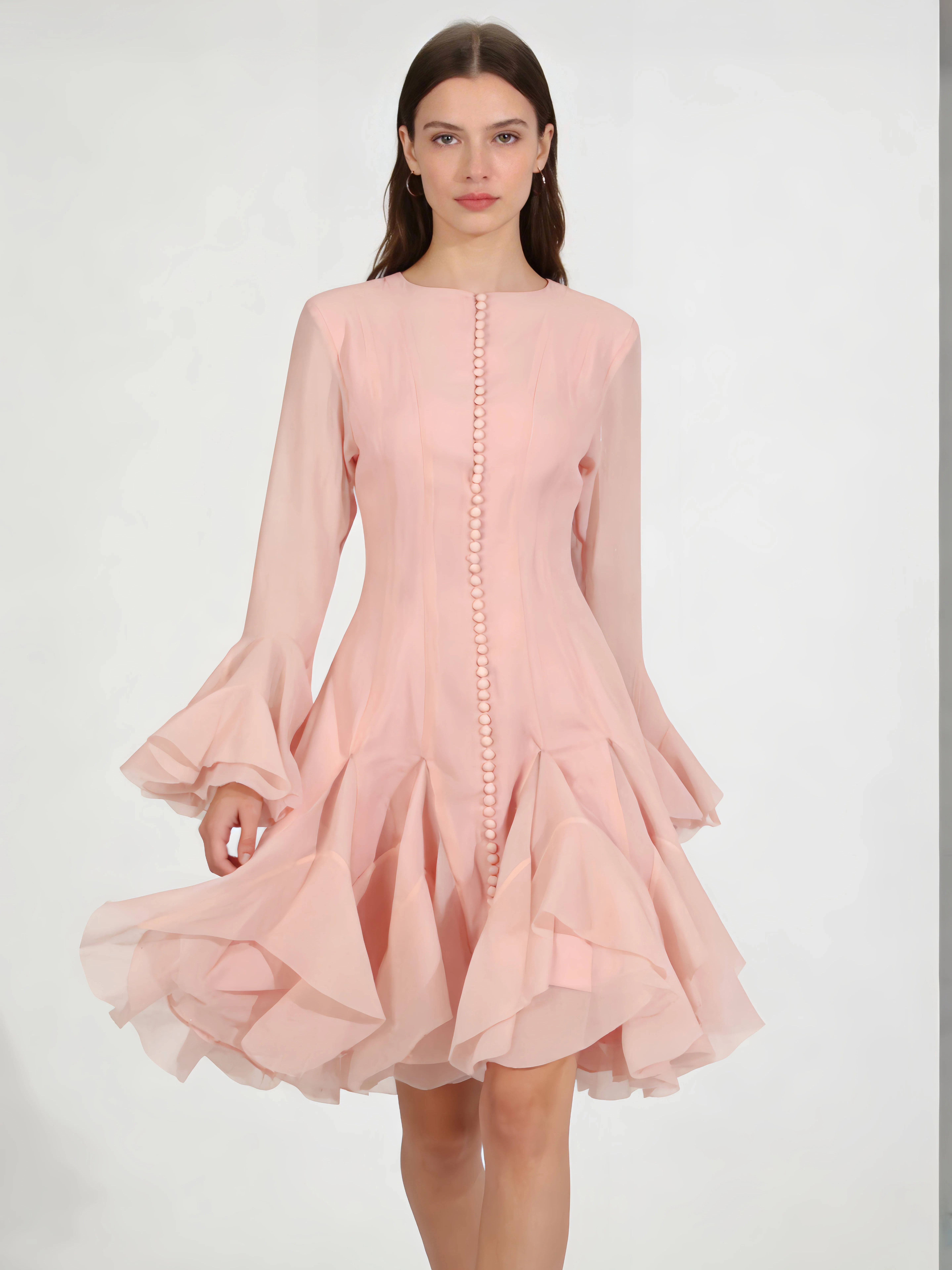 TWOTWINSTYLE Round Neck Bell Sleeve High Waist Dress