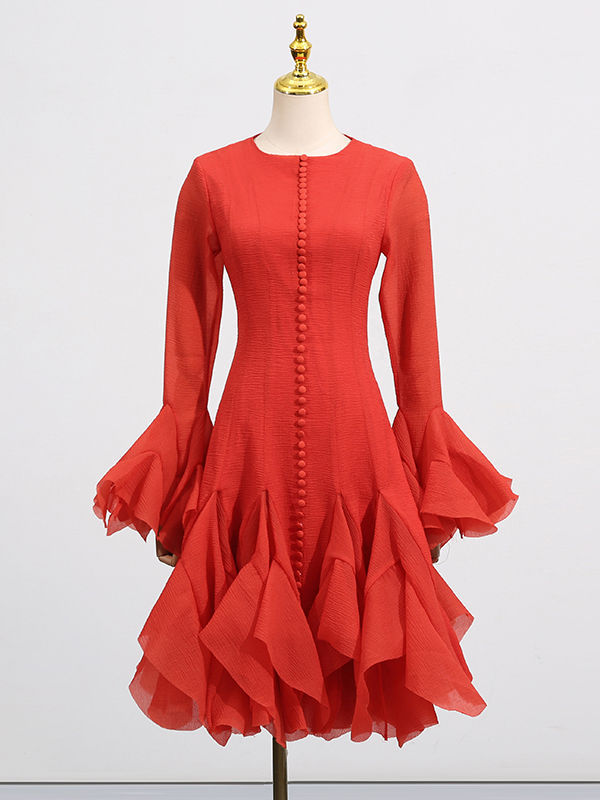 TWOTWINSTYLE Round Neck Bell Sleeve High Waist Dress