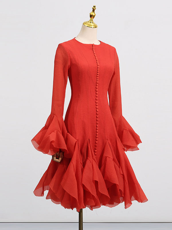 TWOTWINSTYLE Round Neck Bell Sleeve High Waist Dress