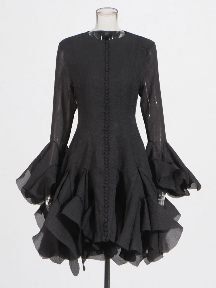 TWOTWINSTYLE Round Neck Bell Sleeve High Waist Dress