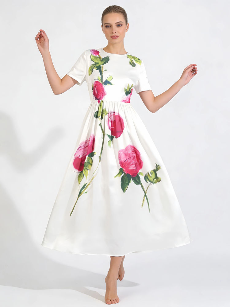 TWOTWINSTYLE Round Neck Patchwork Print Midi Dress