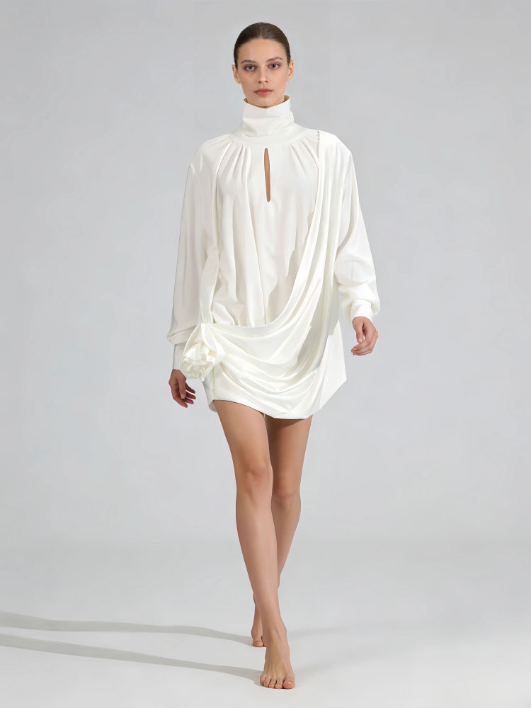 TWOTWINSTYLE Solid Stand Collar Long Sleeve Pleated Dress