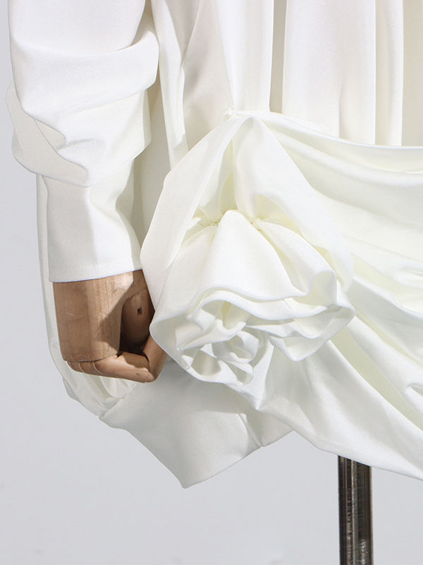 TWOTWINSTYLE Solid Stand Collar Long Sleeve Pleated Dress