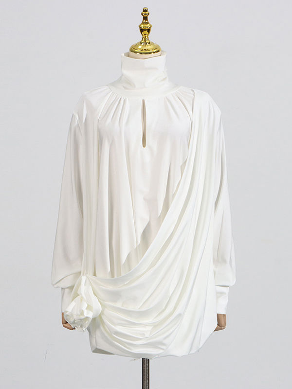 TWOTWINSTYLE Solid Stand Collar Long Sleeve Pleated Dress